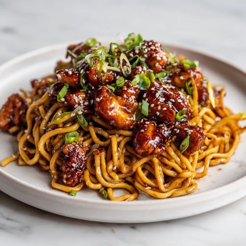Ultimate Sticky Garlic Chicken Noodles with Sweet Savory Sauce and Fresh Scallions - main view